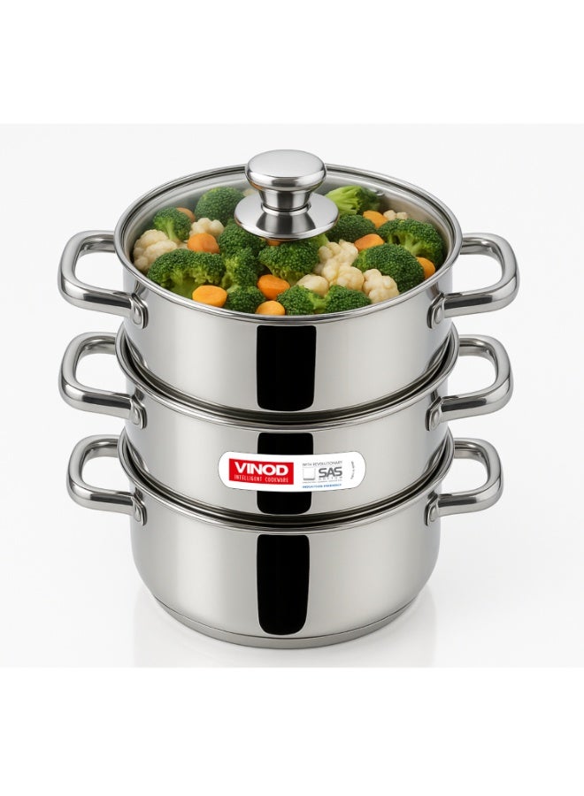 Vinod Stainless Steel 3-Tier Steamer with Glass Lid, 28 cm | 2.5 mm Thick Base | Multi-Purpose Steamer for Momos, Modaks, Vegetables & More | Riveted Handles | Induction & Gas Base - Image 1
